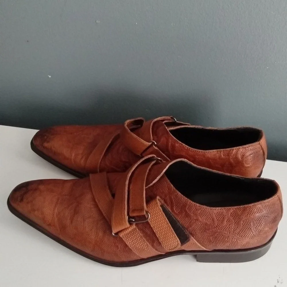 Bespoke Shoes Men Brown Leather Embossed Monk Strap Dress Formal Size‎